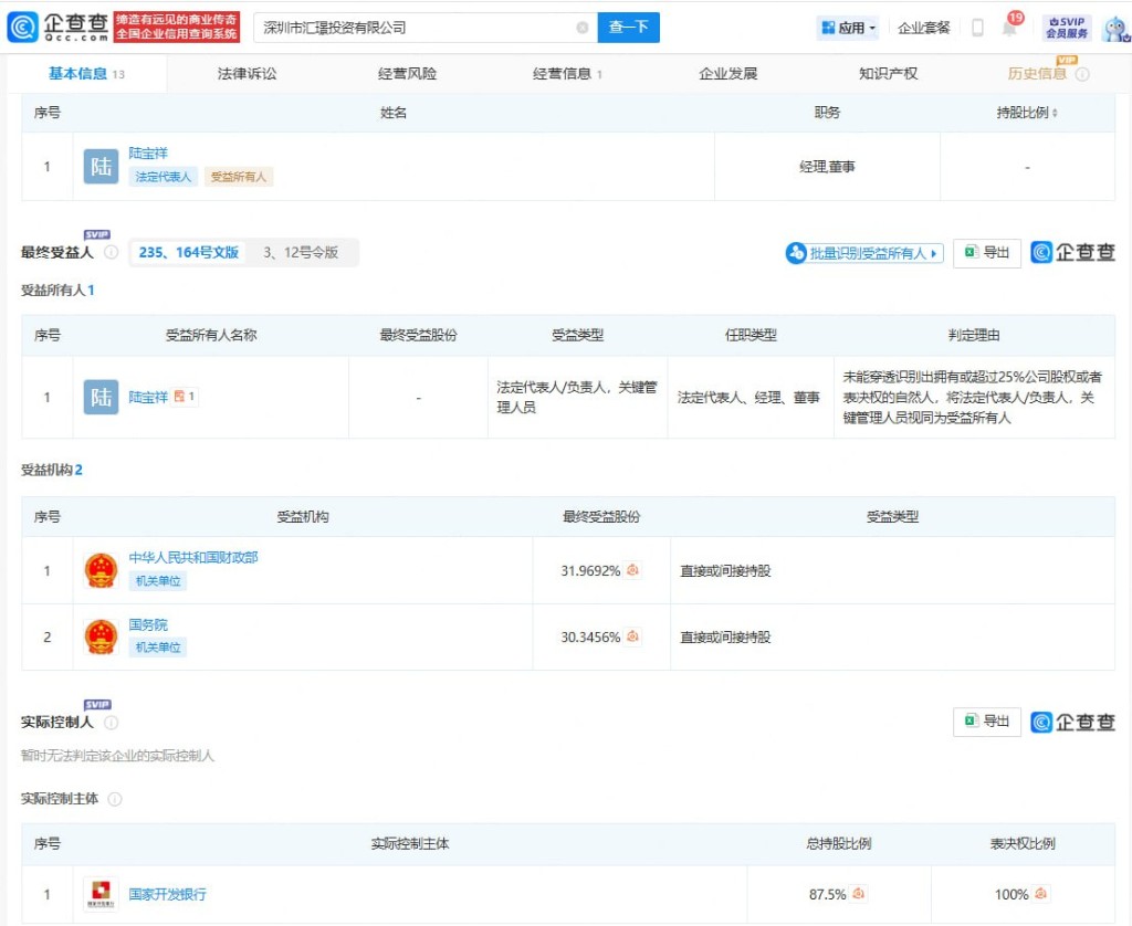 企查查公示:受益机构与实际控制主体信息