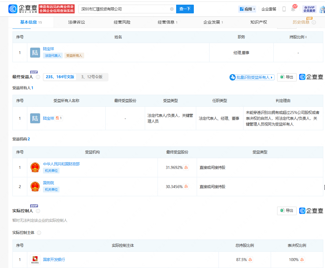 企查查实际控制主体信息:国家开发银行